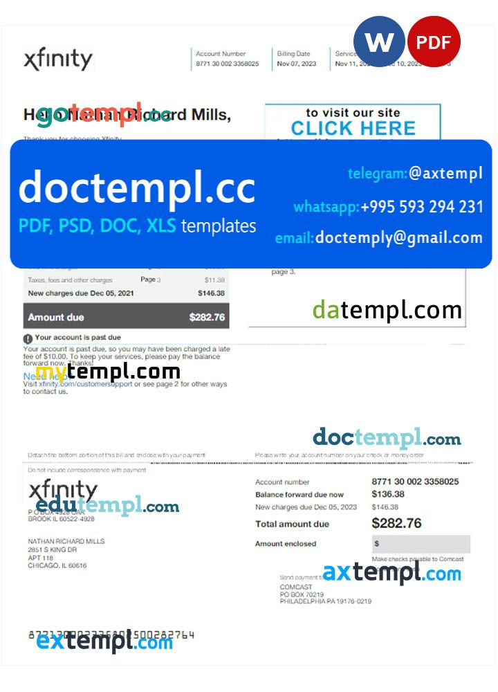 USA XFINITY utility bill Word and PDF template