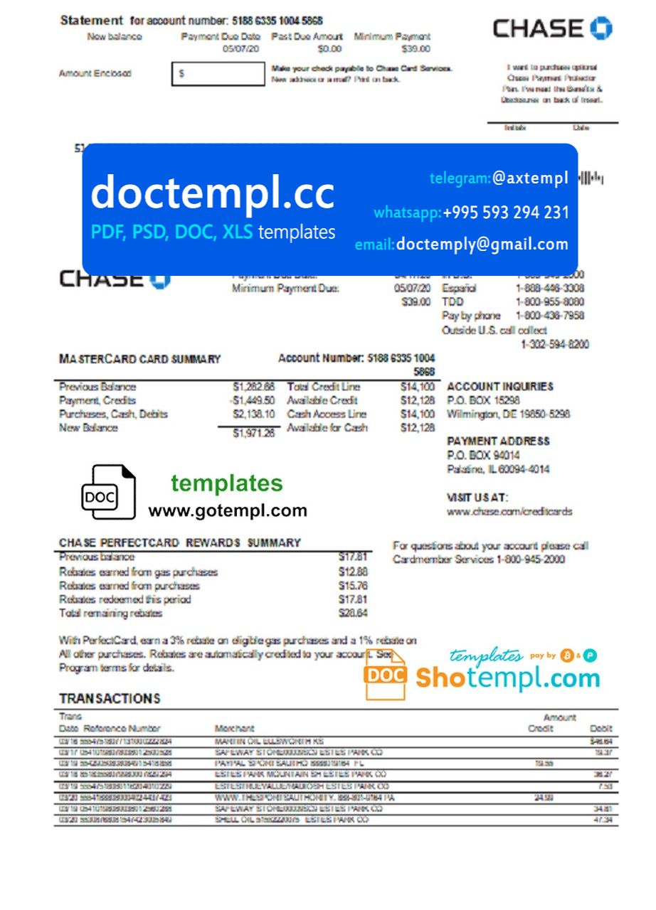 USA Chase bank Mastercard card statement easy to fill template in Word and PDF format
