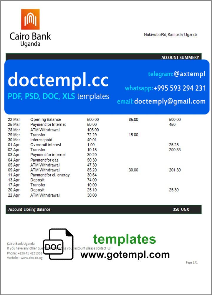 Uganda Cairo bank statement template in Word and PDF format