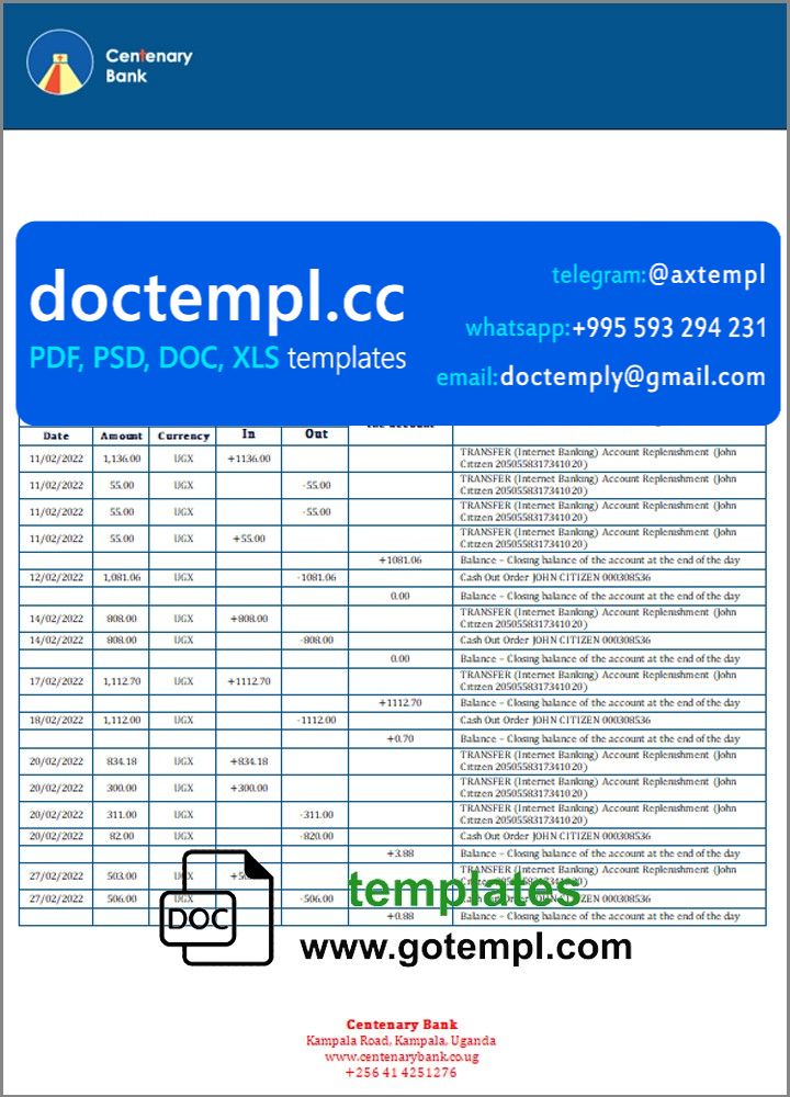Uganda Centenary bank statement template in Word and PDF format