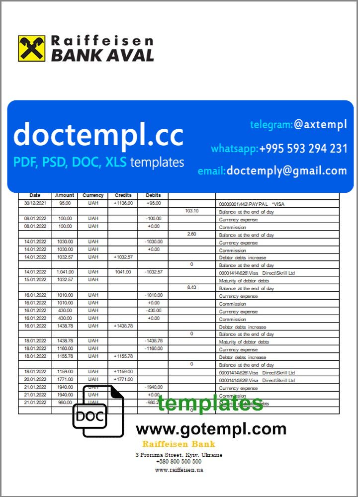 Ukraine Raiffeisen Bank statement template, Word and PDF format (.doc and .pdf)