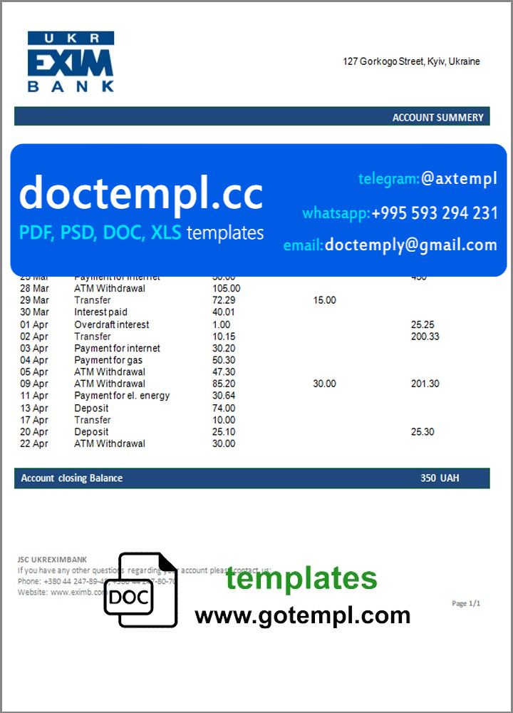 Ukraine Ukreximbank Bank statement template, Word and PDF format (.doc and .pdf)