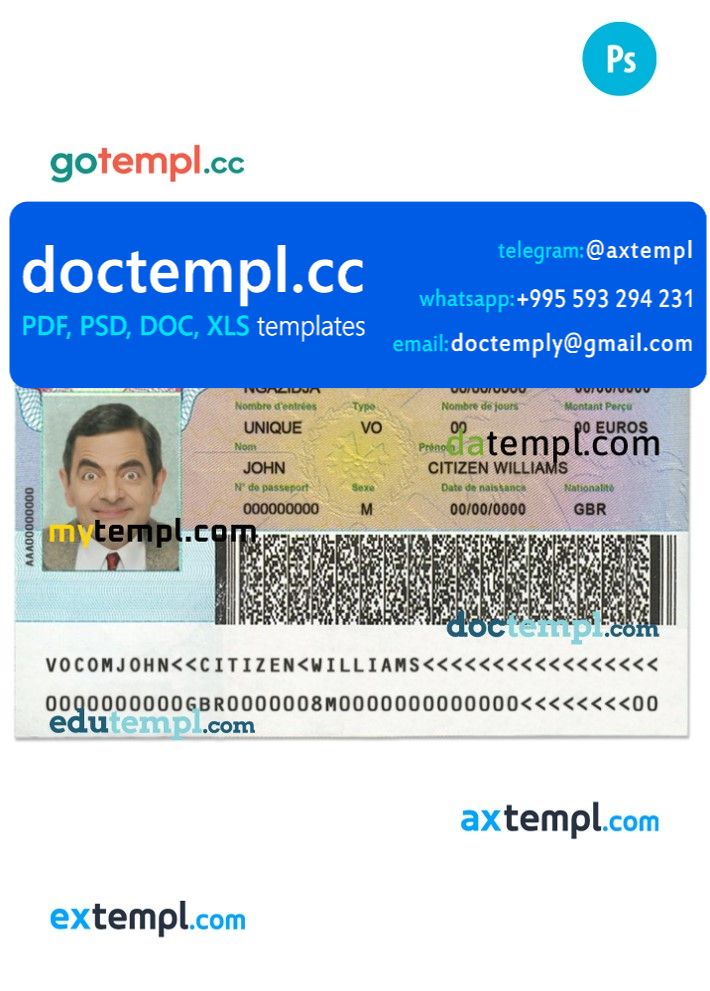 Union des Comores travelling visa template in PSD format, fully editable