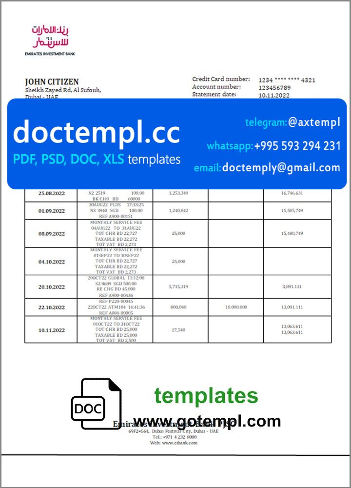 United Arab Emirates Investment Bank statement template in Word and PDF format