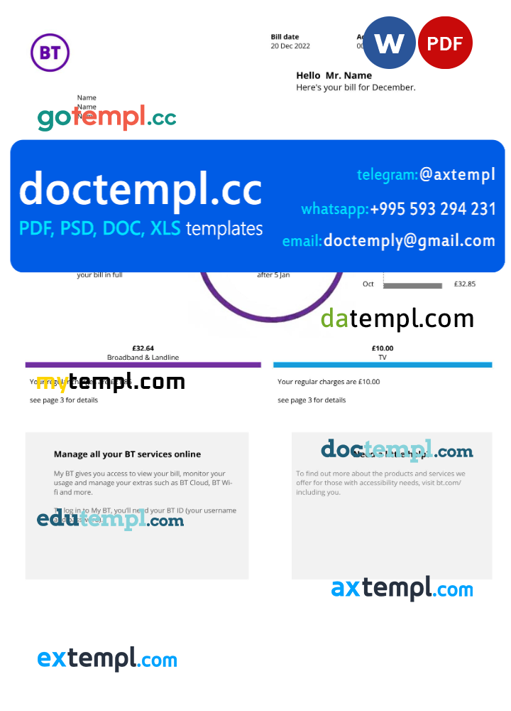 United Kingdom BT telecommunications utility bill template in Word and ...