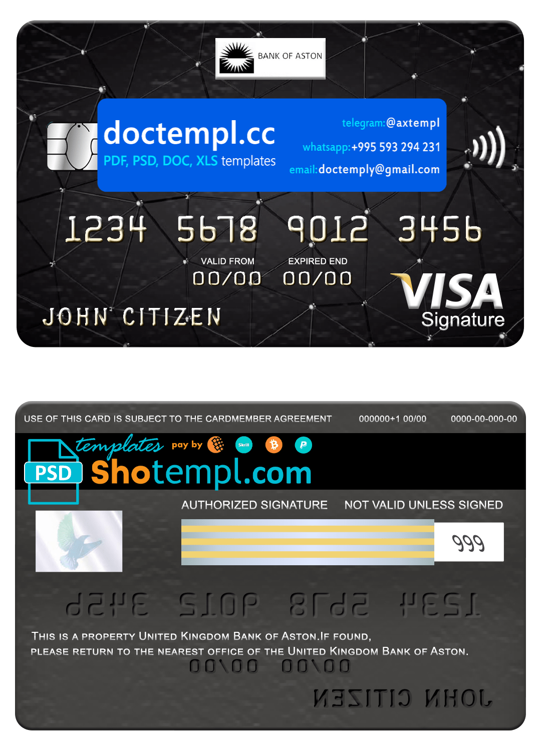 United Kingdom Bank of Aston bank visa signature card, fully editable template in PSD format