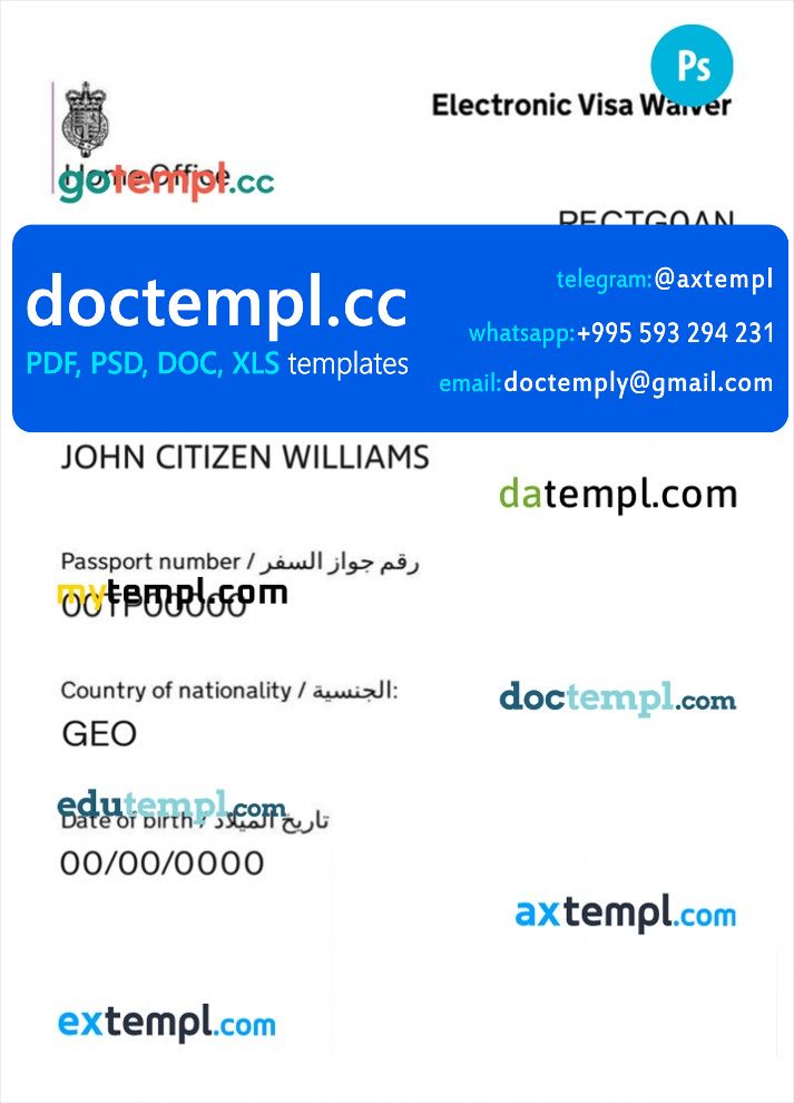 United Kingdom electronic visa waiver PSD template, fully editable