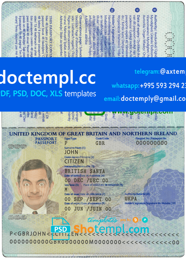 United Kingdom passport template in PSD format, fully editable, 2006-2010
