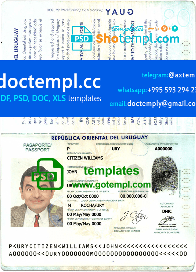 Uruguay passport template in PSD format, fully editable, with all fonts
