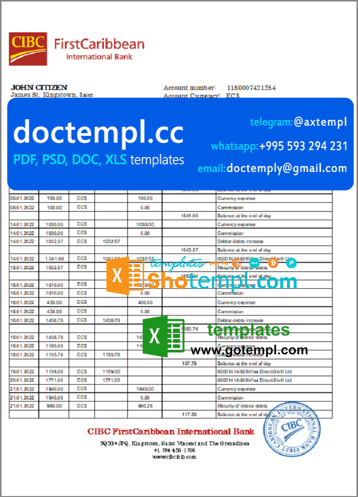 Saint Vincent and The Grenadines First Caribbean International Bank statement template in Excel and PDF format