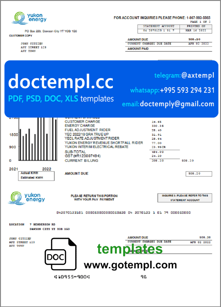Canada Yukon Energy utility bill template in Word and PDF format