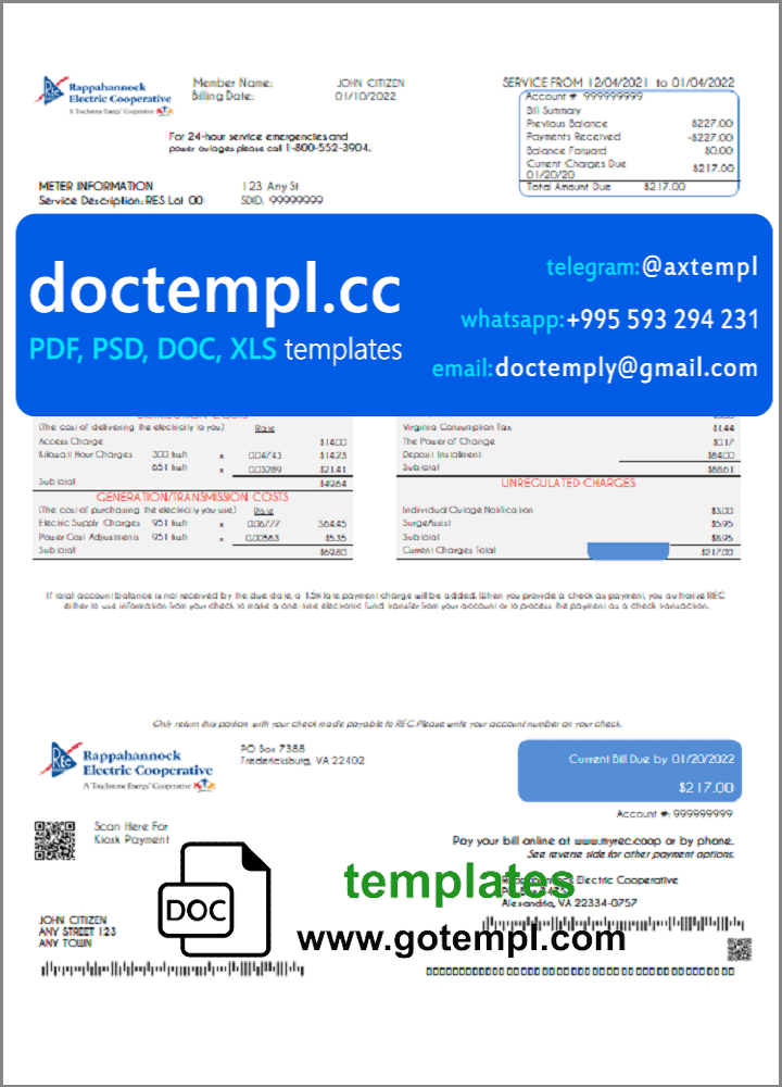 USA Rappahannock Electric Cooperative utility bill template in Word and PDF format