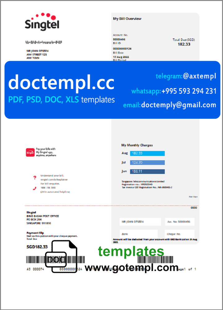 USA Singtel utility bill template in Word and PDF format