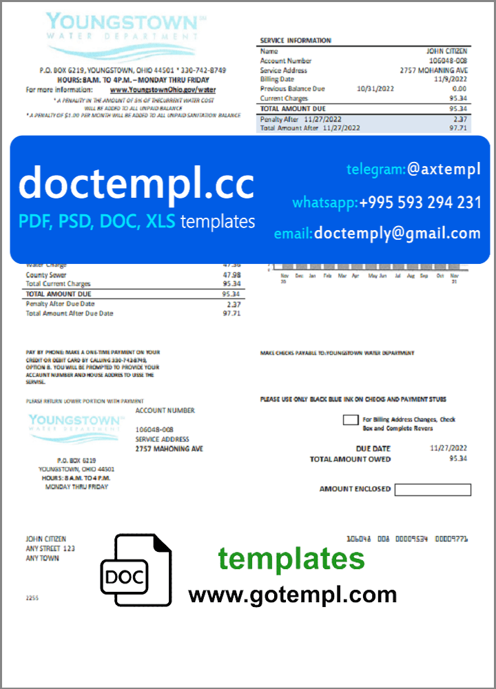 USA Youngstown Water Department utility bill template in Word and PDF format