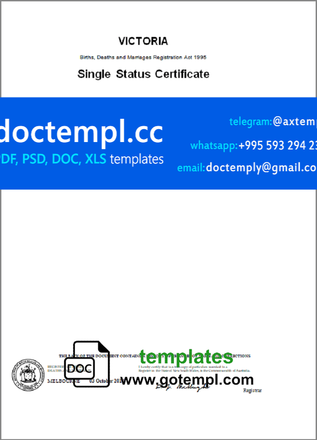 Australia Victoria divorce certificate template in Word and PDF format