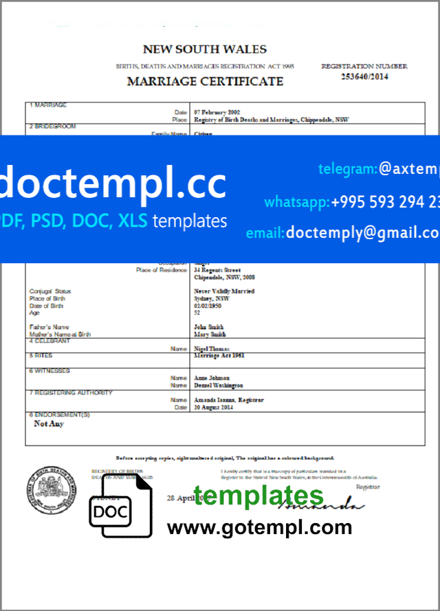 Australia New South Wales marriage certificate template in Word and PDF format