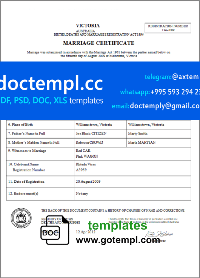 Australia Victoria marriage certificate template in Word and PDF format