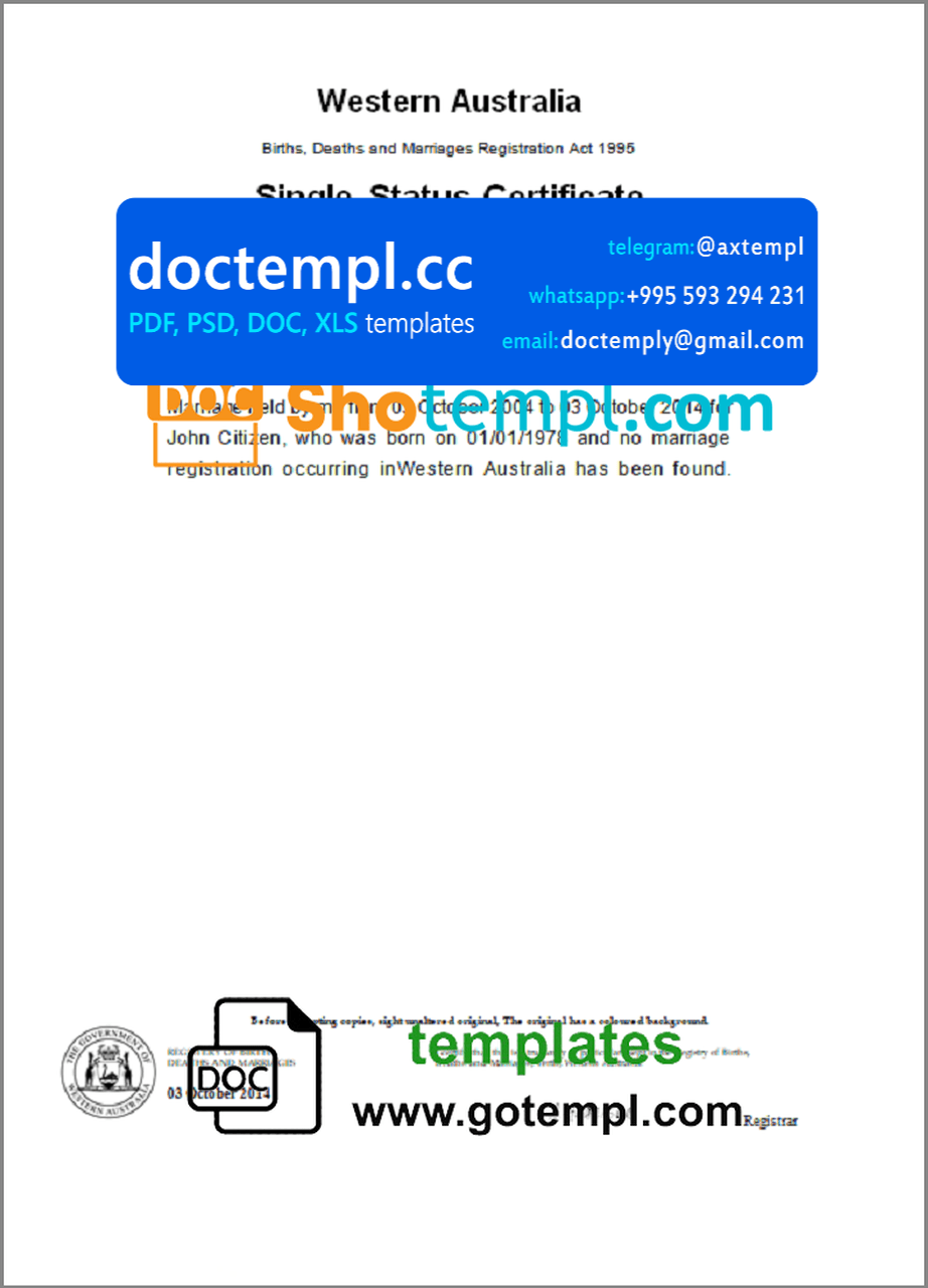 Australia Western Australia divorce certificate template in Word and PDF format