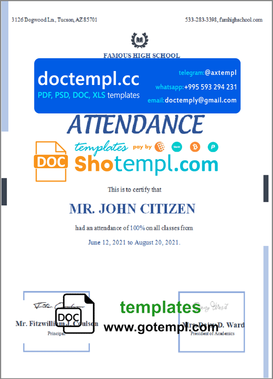 USA Attendance certificate template in Word and PDF format