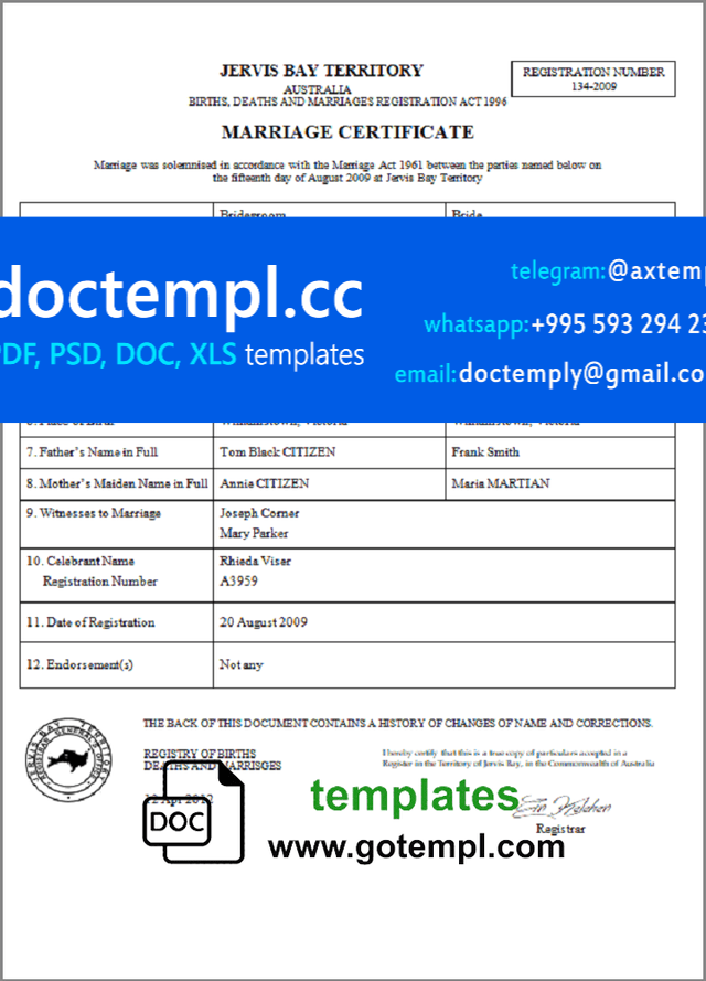 Australia Jervis Bay Territory marriage certificate template in Word and PDF format