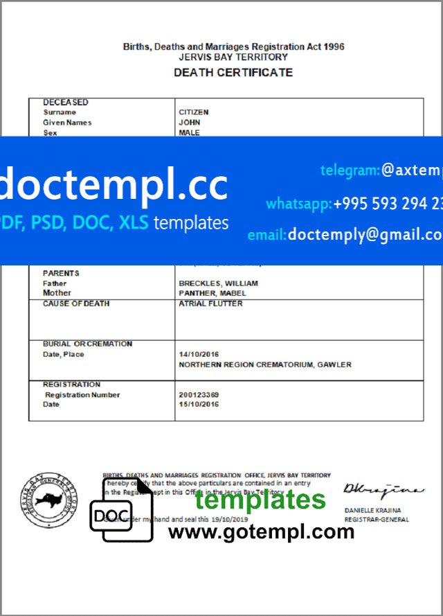Australia Jervis Bay Territory death certificate template in Word and PDF format