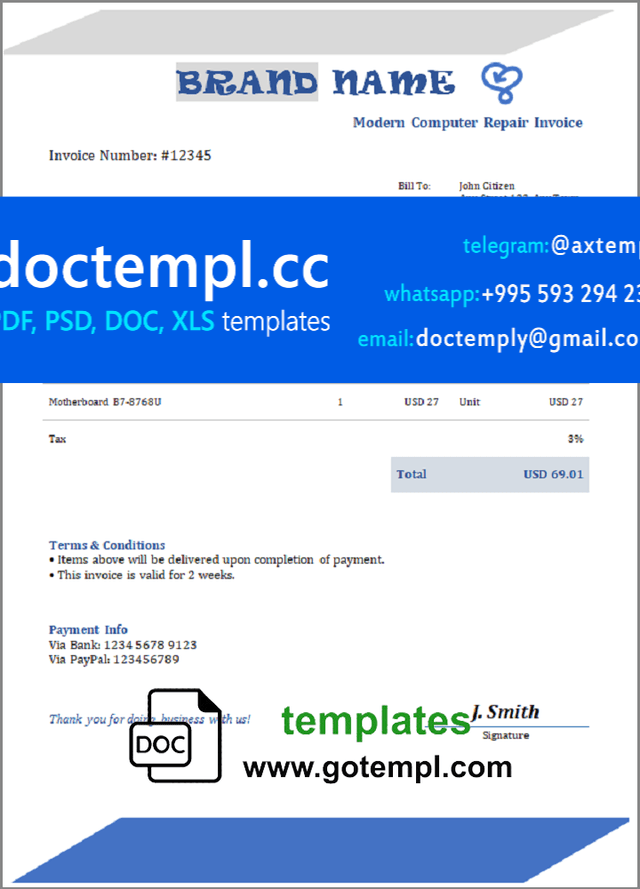 # auto macro universal multipurpose invoice template in Word and PDF format, fully editable