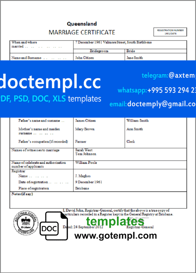 Australia Queensland marriage certificate template in Word and PDF format