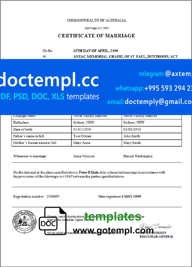 Australia Australian Capital Territory marriage certificate template in Word and PDF format