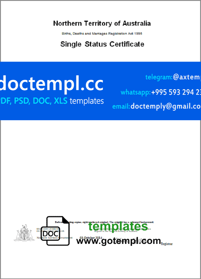 Australia Northern Territory of Australia divorce certificate template in Word and PDF format