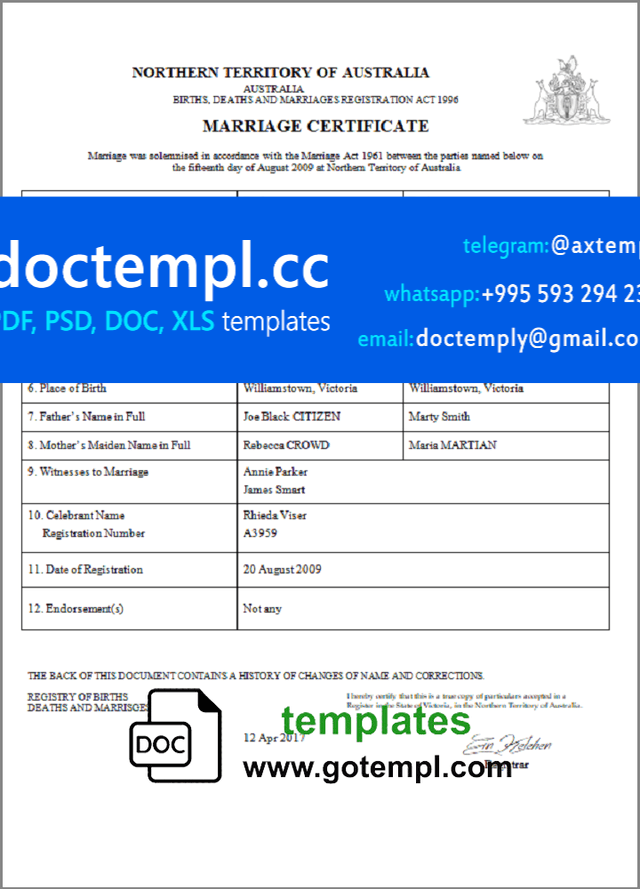Australia Northern Territory of Australia marriage certificate template in Word and PDF format