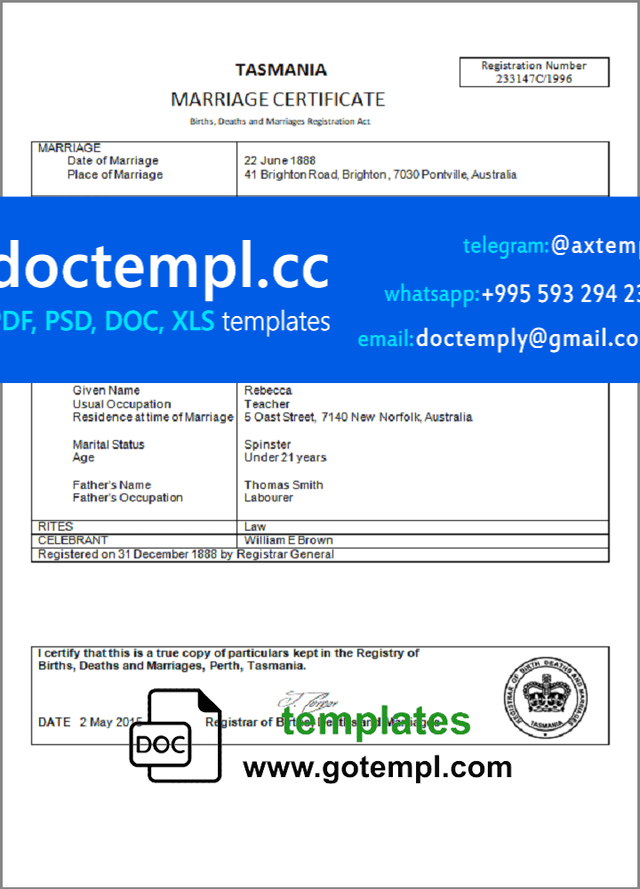 Australia Tasmania marriage certificate template in Word and PDF format