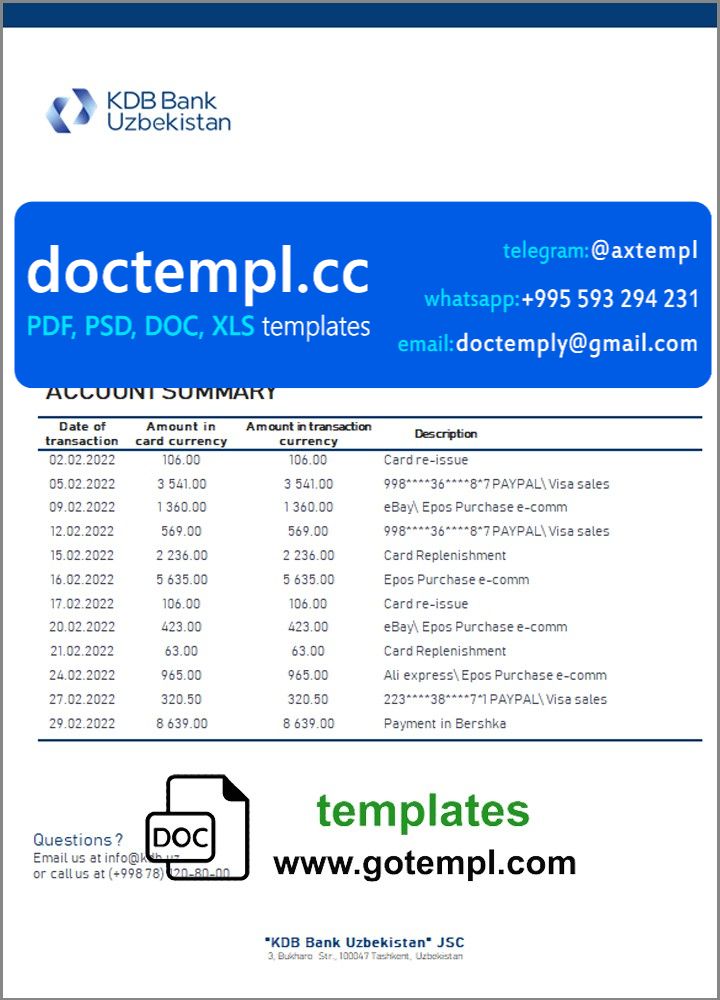 Uzbekistan KDB Bank statement template in Word and PDF format
