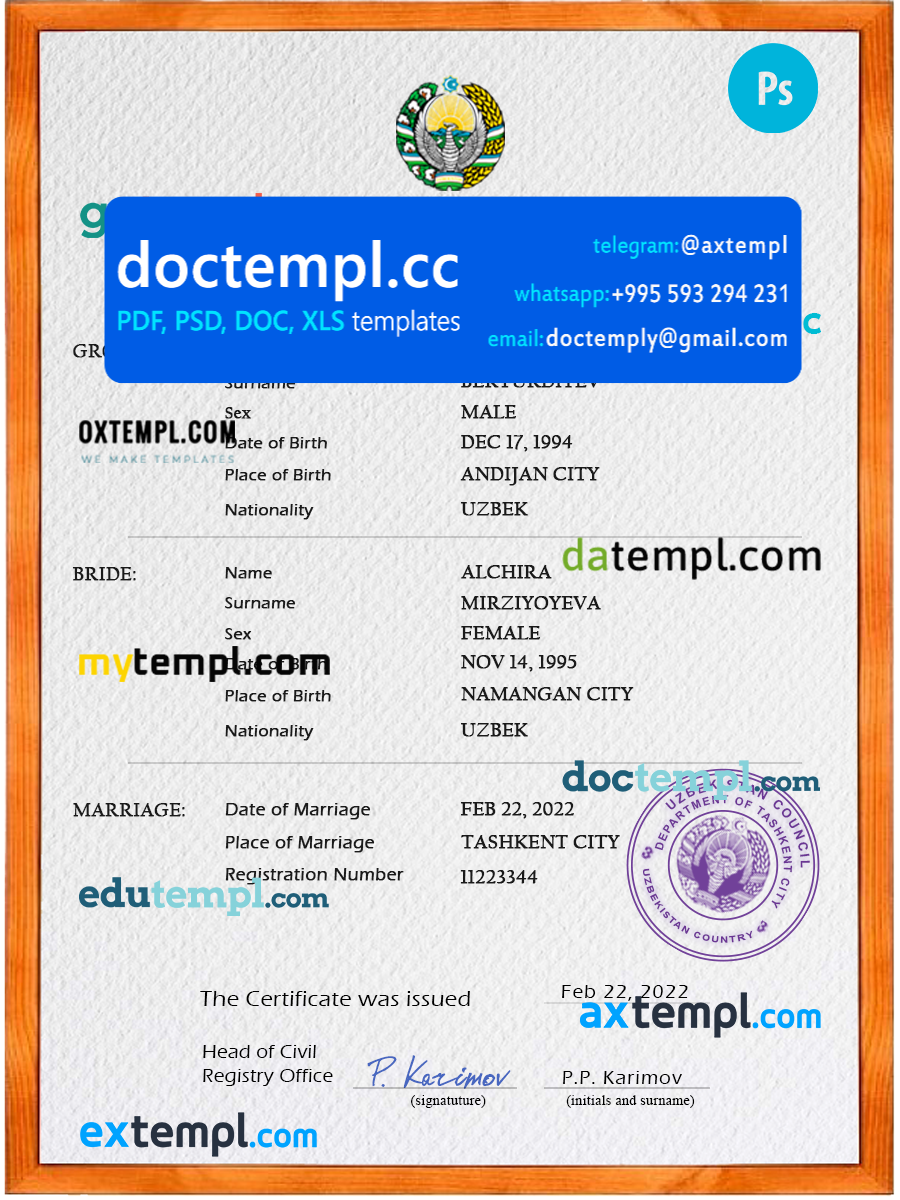 Uzbekistan marriage certificate PSD template, completely editable