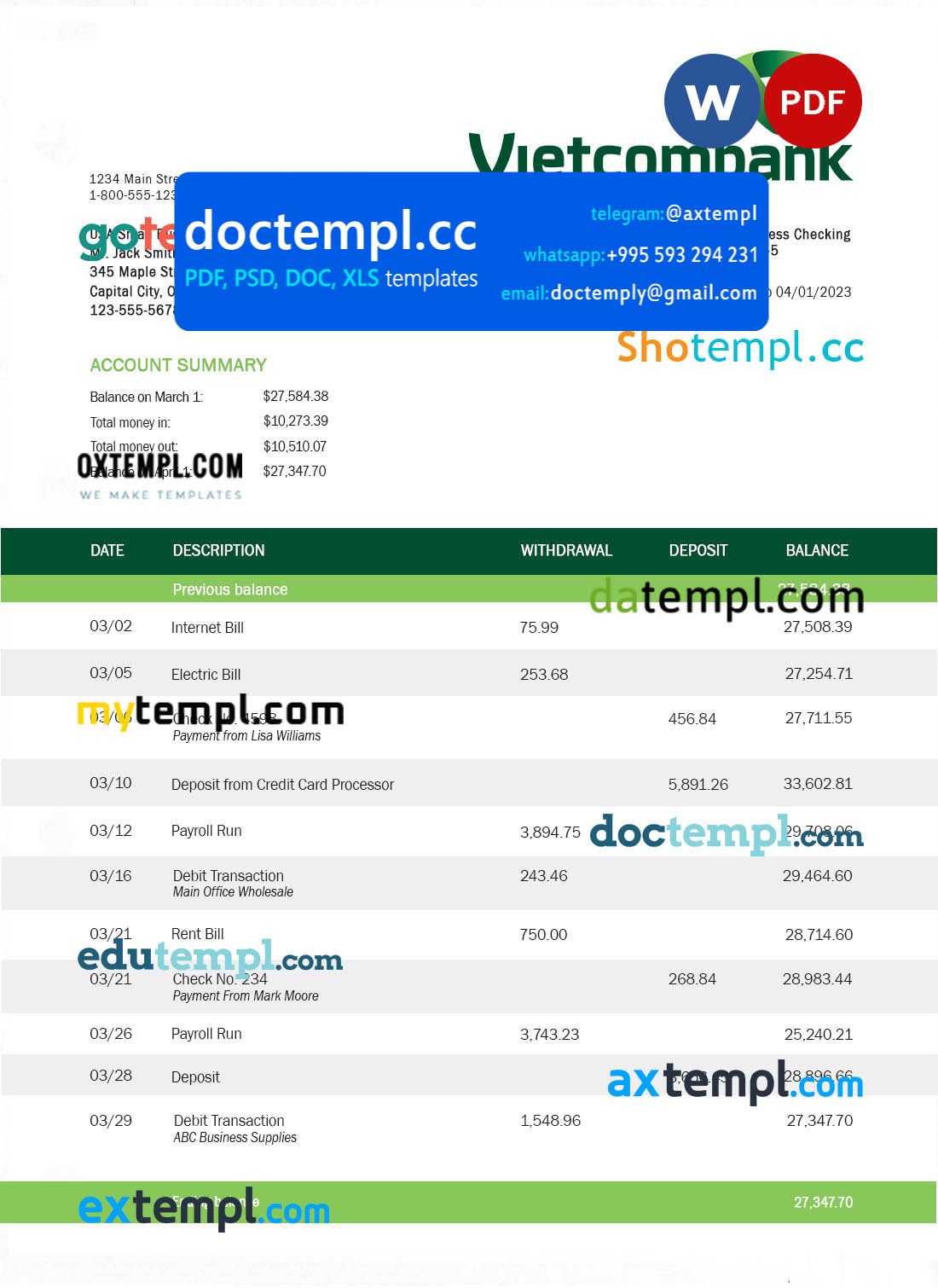 Vietcombank business statement Word and PDF template