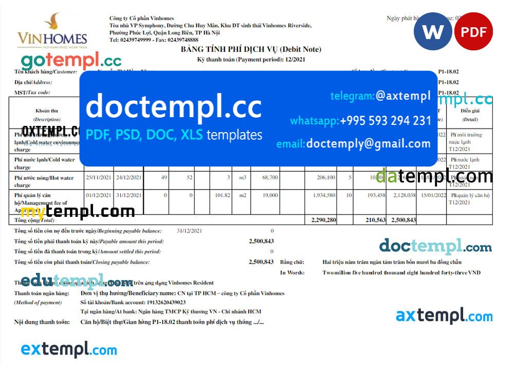 VIETNAM VINHOMES utility bill Word and PDF template