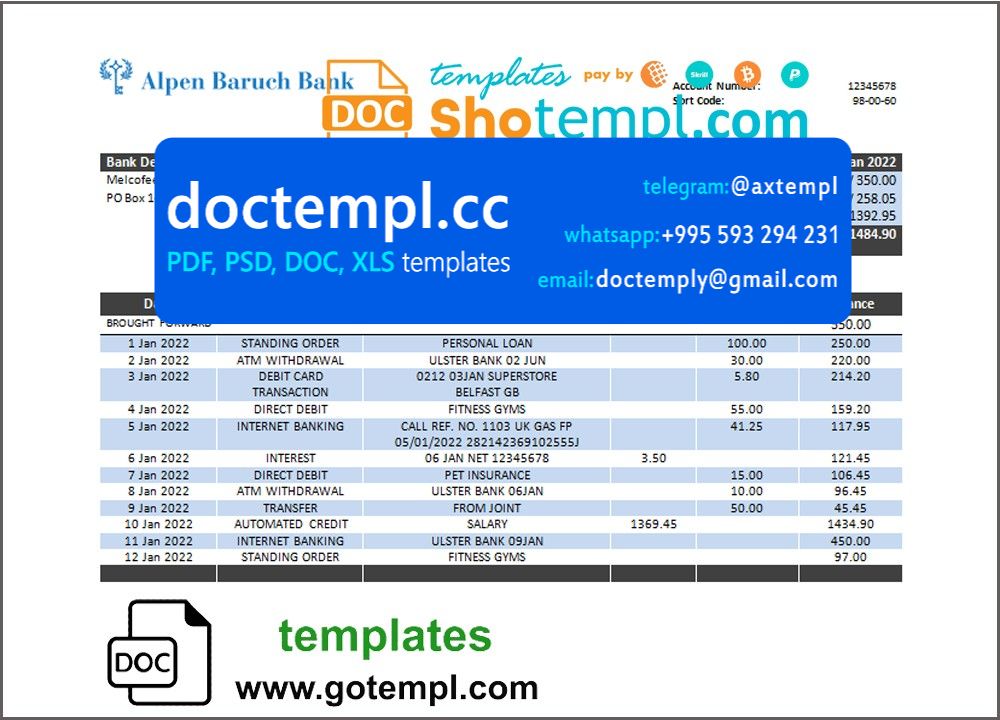 Vanuatu Alpen Baruch Bank statement template in Word and PDF format