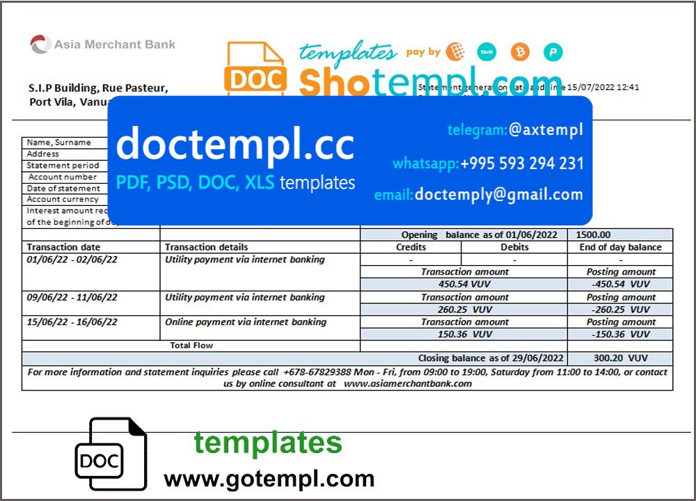 Vanuatu Asia Merchant bank statement template in Word and PDF format