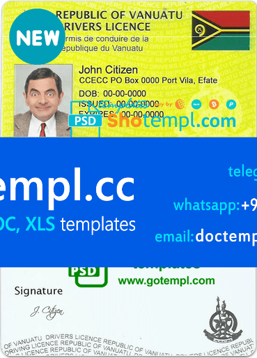 Vanuatu driving license template in PSD format, fully editable, with all fonts