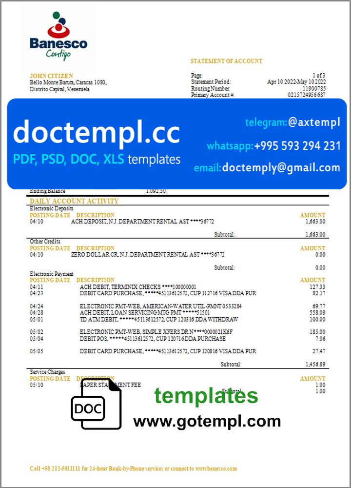 Venezuela Banesco bank statement template in Word and PDF format