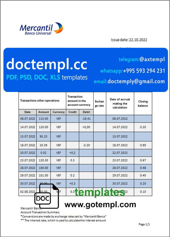 Venezuela Mercantil bank statement template in Word and PDF format