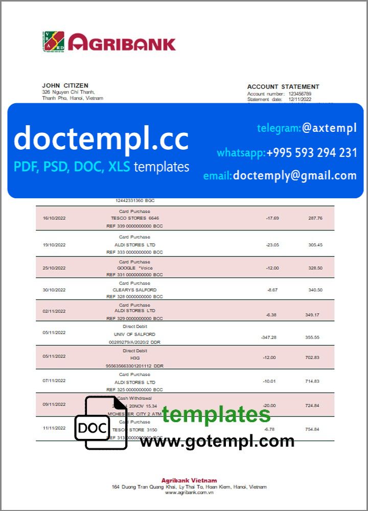 Vietnam Agribank bank statement template in Word and PDF format