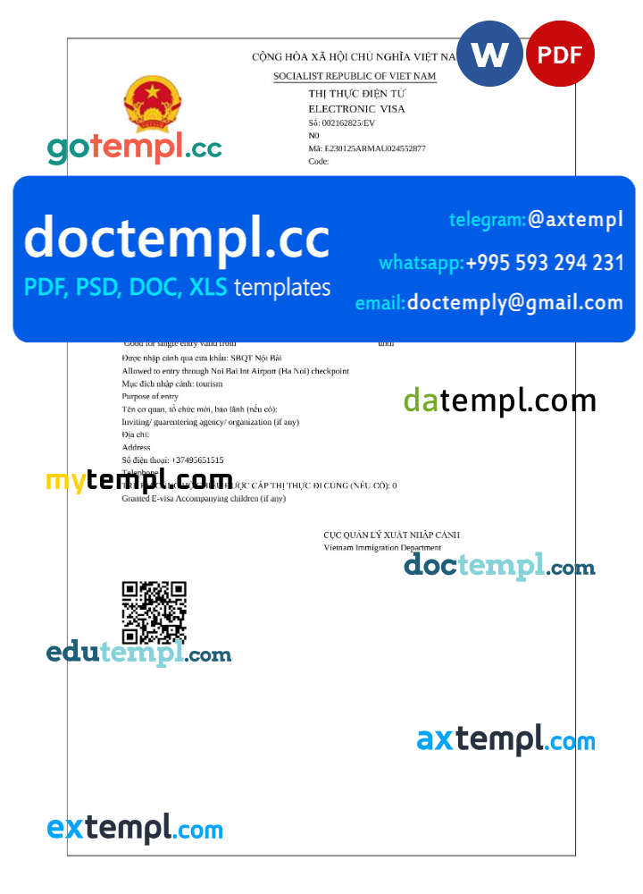Vietnam electronic visa Word and PDF template