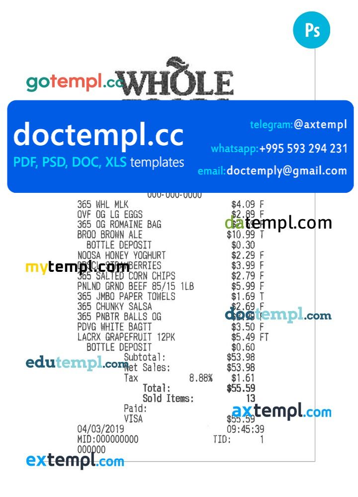 WHOLE FOODS payment check PSD template