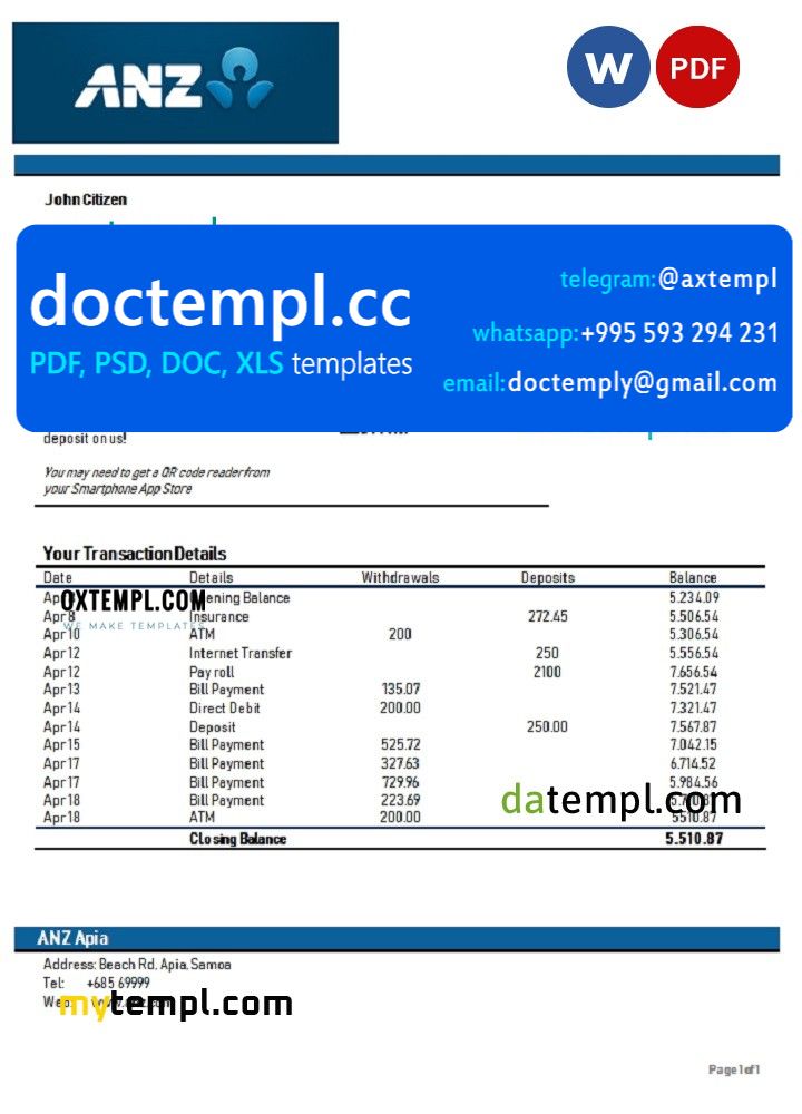 Samoa ANZ bank proof of address statement template in Word and PDF format