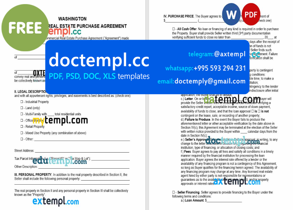 Washington commercial real Estate purchase agreement template, Word and PDF format