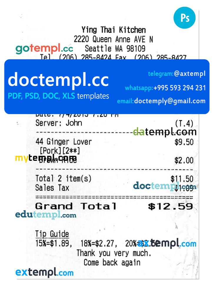 YING THAI KITCHEN payment check PSD template