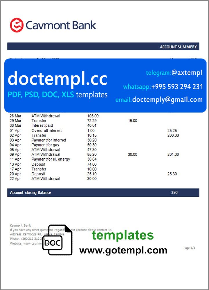 Zambia Cavmont bank statement template in Word and PDF format