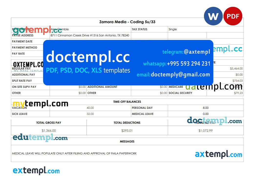 Zamora Media Coding pay stub Word and PDF template