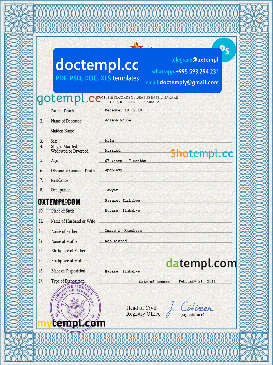 Zimbabwe death certificate PSD template, completely editable