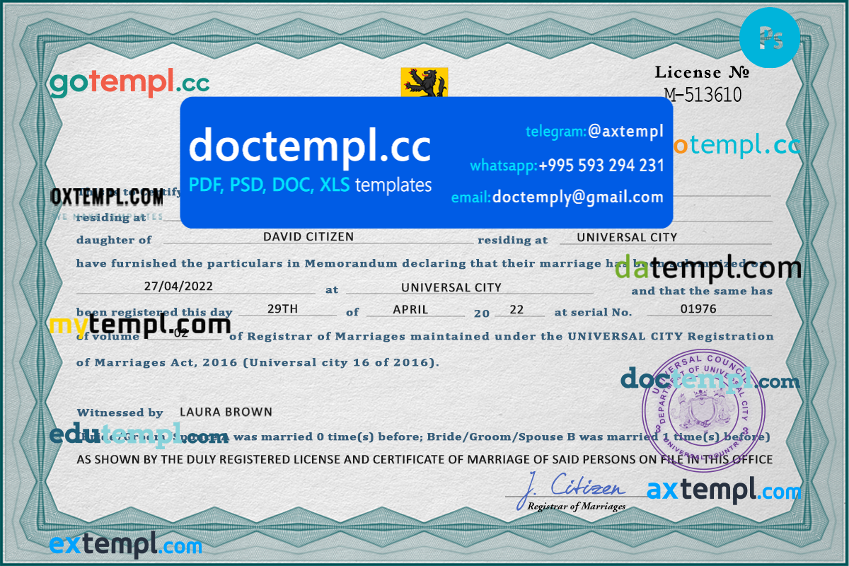 # affection universal marriage certificate PSD template, completely editable